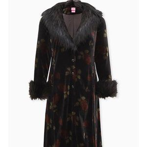 BETSEY JOHNSON BLACK VELVET FLORAL FAUX FUR TRIM LONGLINE COAT